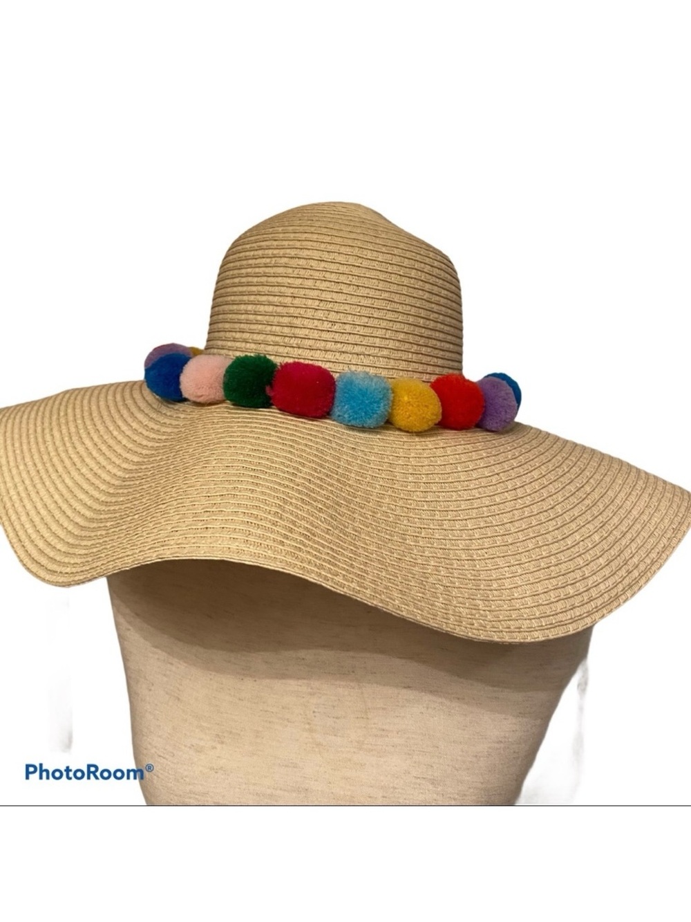 FOREVER 21 HAT WIDE BRIM TAN MULTI COLOR POM POM TRIM NEW Size S/M
